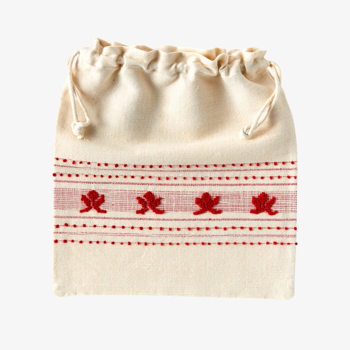 Handmade Portuguese Drawstring Bag, Red on Natural
