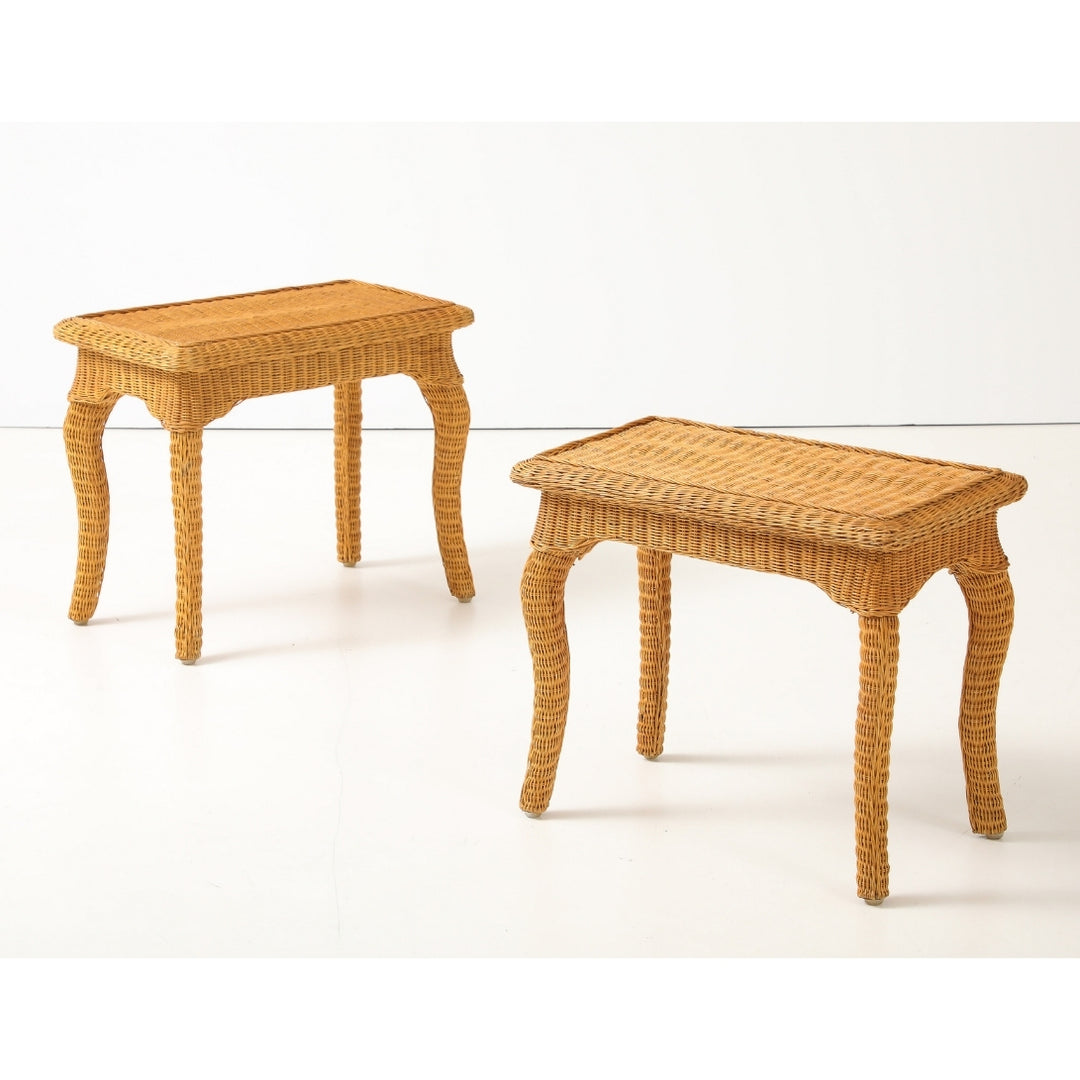Pair of Woven Rattan Side Tables, France, circa 1970