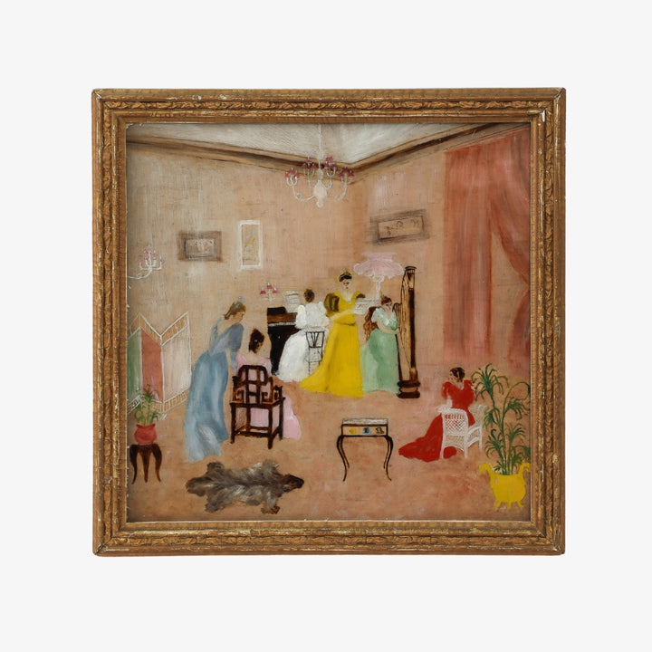 Antique Victorian Églomisé Parlor Scene Painting, c. 1890-1910
