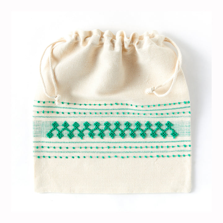 Handmade Portuguese Drawstring Bag, Green on Natural