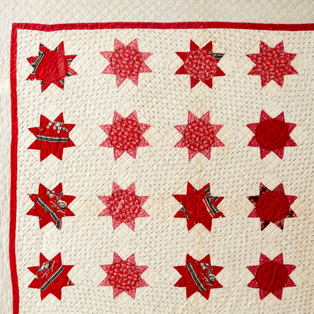 Framed Star Flower Variation Crib Quilt with Monogram, circa 1870-1880