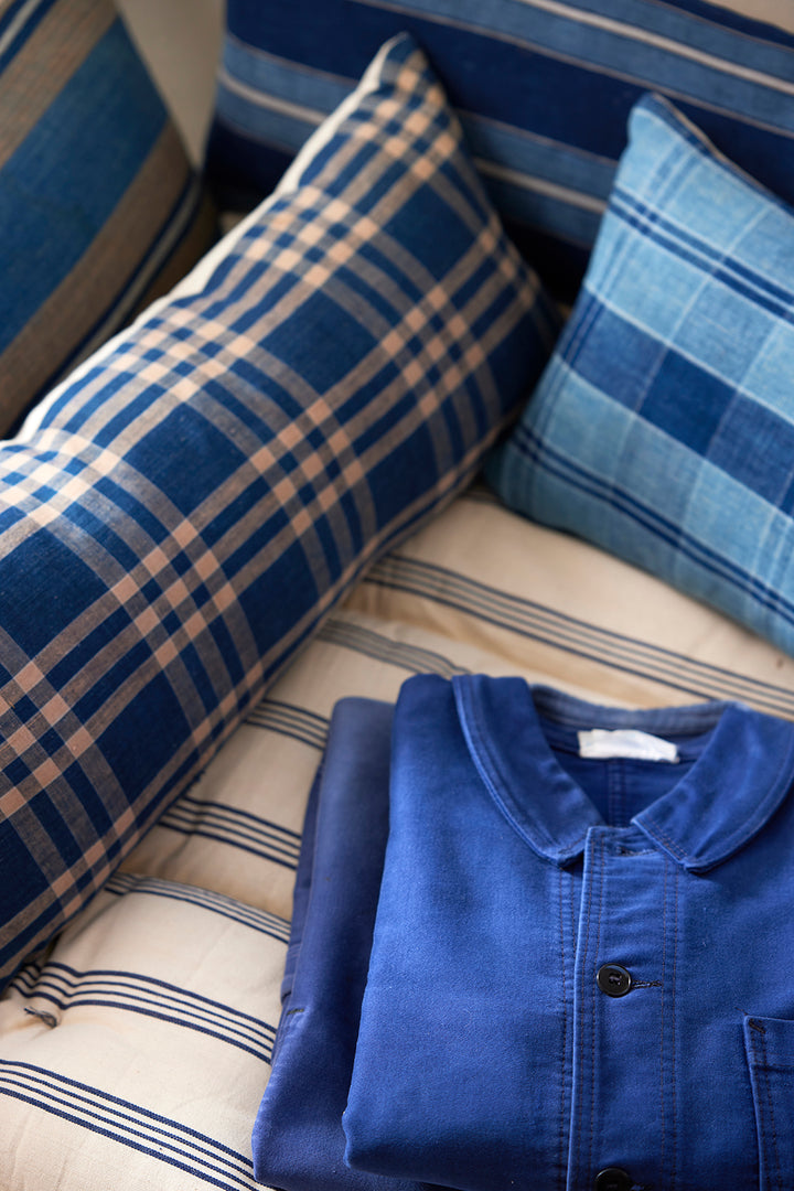 Vintage Japanese Indigo and Tan Stripe Pillow