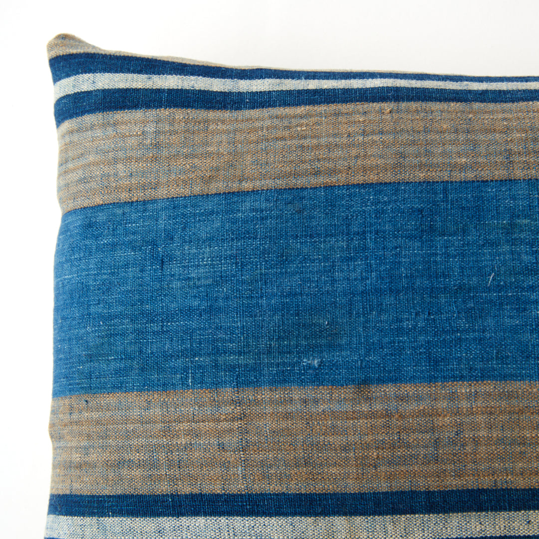 Vintage Japanese Indigo and Tan Stripe Pillow