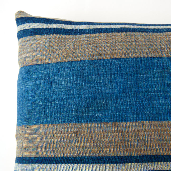 Vintage Japanese Indigo and Tan Stripe Pillow