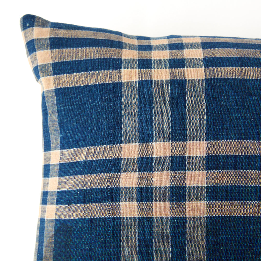 Vintage Japanese Indigo and Tan Plaid Pillow