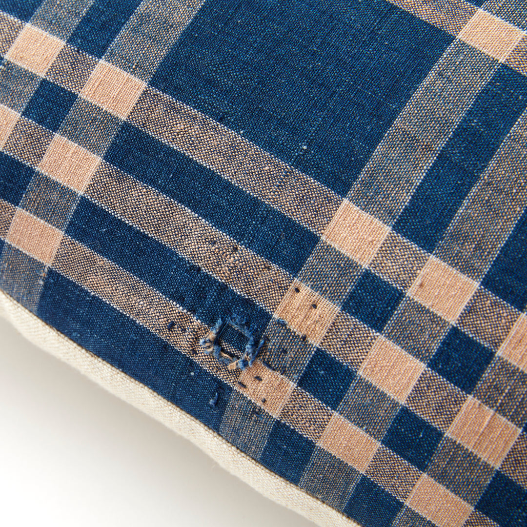 Vintage Japanese Indigo and Tan Plaid Pillow