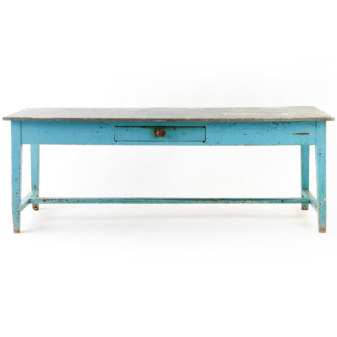 Late 19th Century Blue Painted Farm Table with Zinc Top