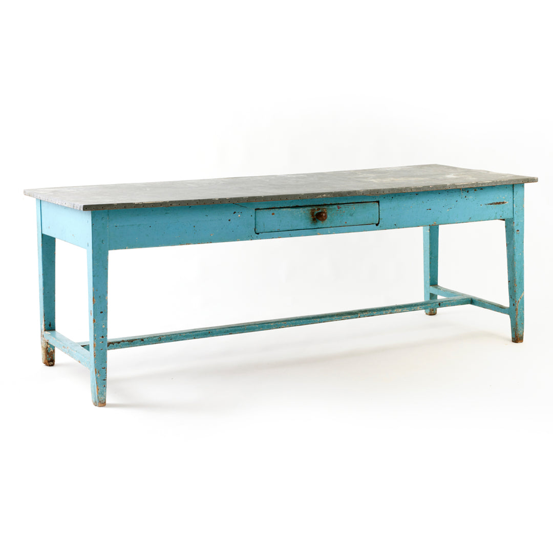 Late 19th Century Blue Painted Farm Table with Zinc Top