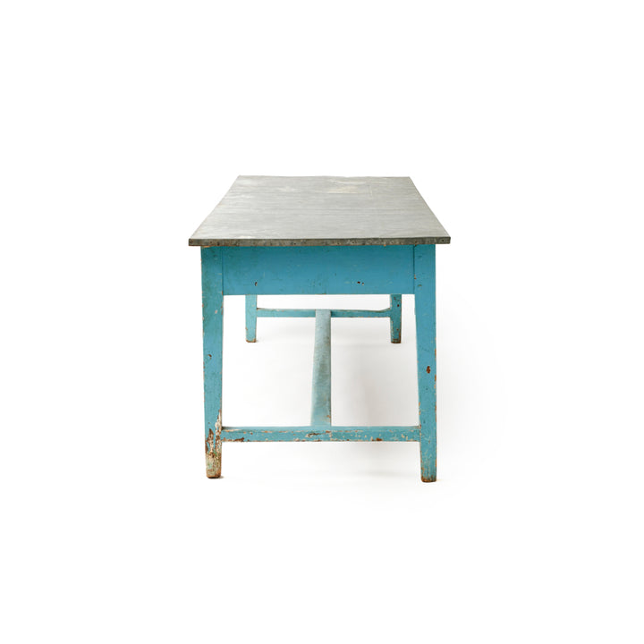 Late 19th Century Blue Painted Farm Table with Zinc Top