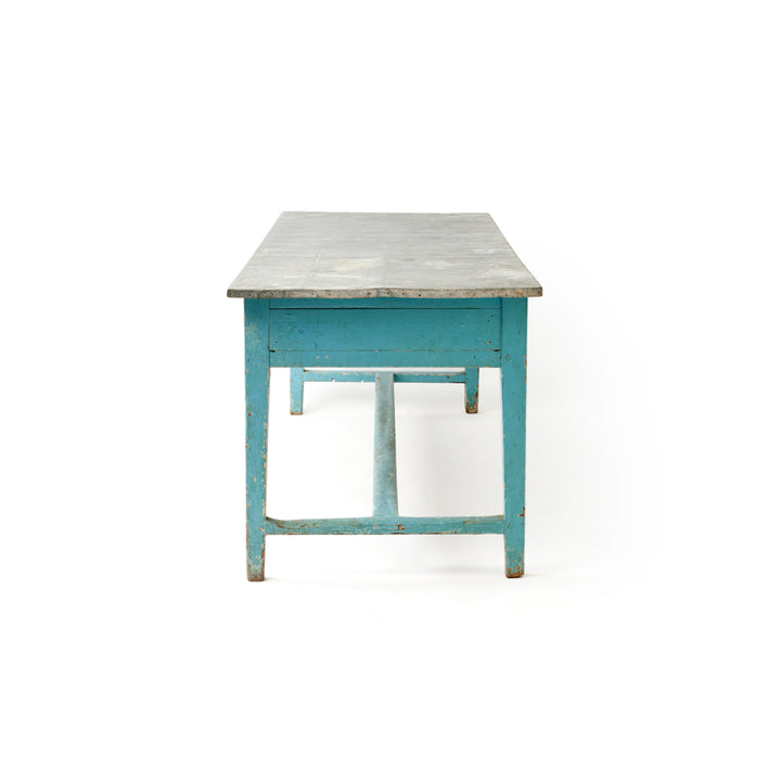 Late 19th Century Blue Painted Farm Table with Zinc Top