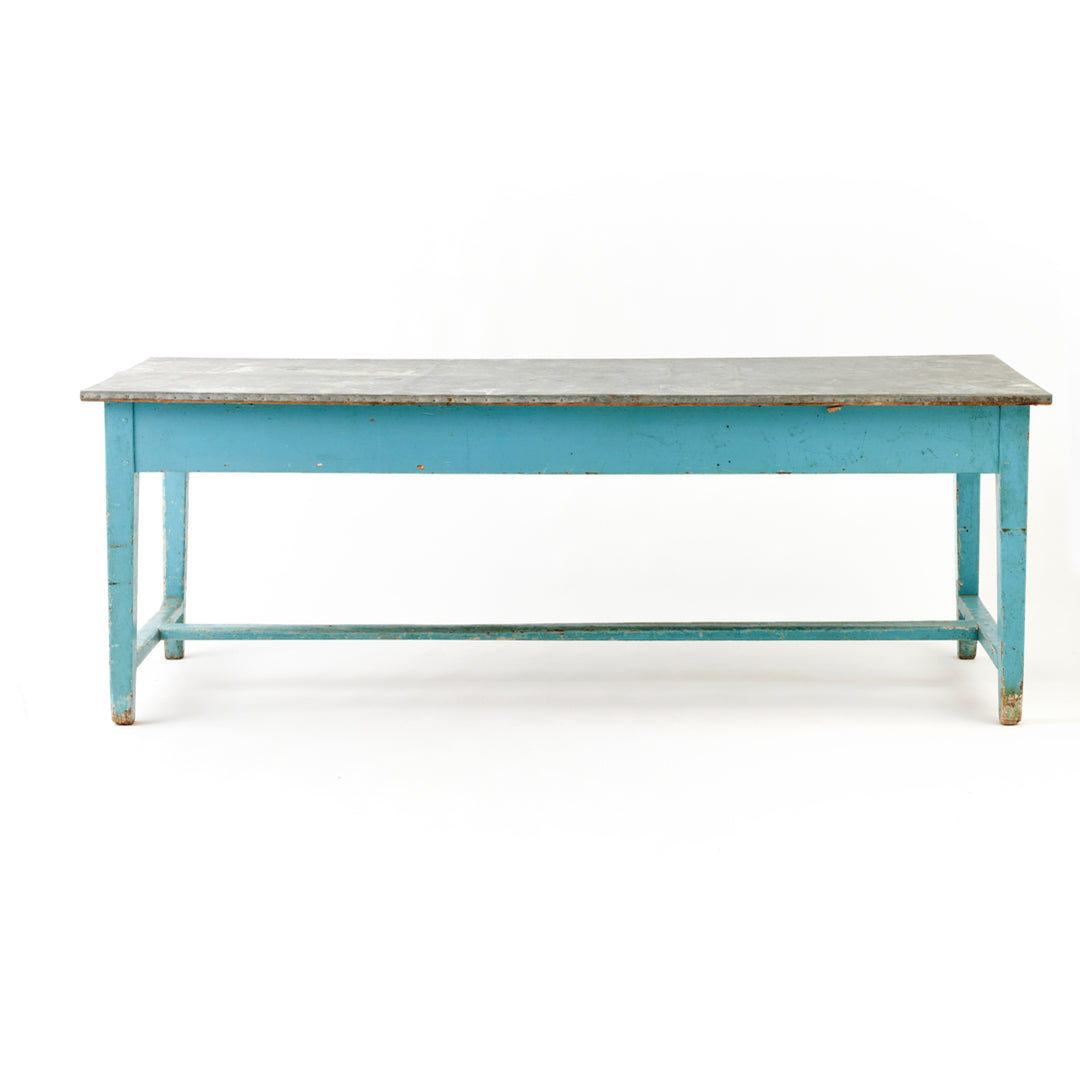 Late 19th Century Blue Painted Farm Table with Zinc Top