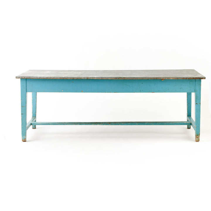 Late 19th Century Blue Painted Farm Table with Zinc Top
