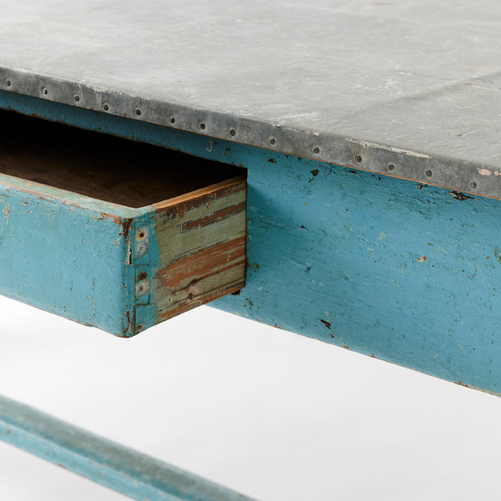 Late 19th Century Blue Painted Farm Table with Zinc Top