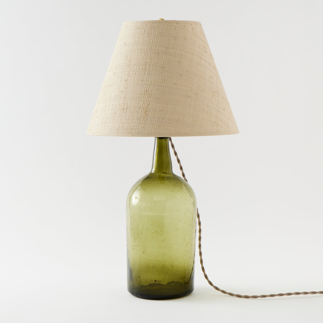 Small Antique Demijohn Lamp with Raffia Shade