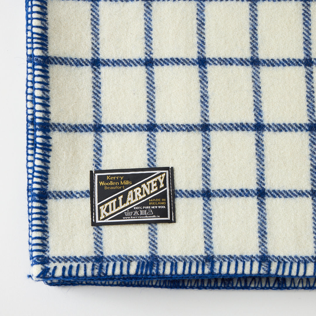 Irish Wool Checked Blanket in Blue
