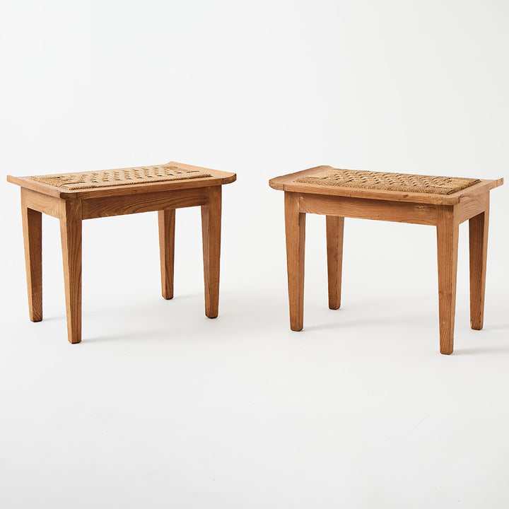 Vintage Pair of Cerused Oak Stools with Rope Seats