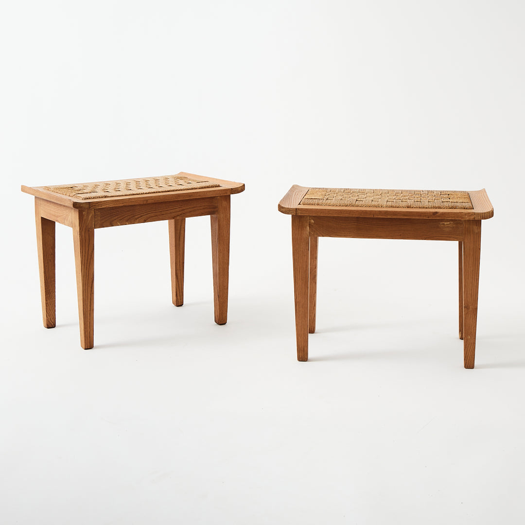 Vintage Pair of Cerused Oak Stools with Rope Seats