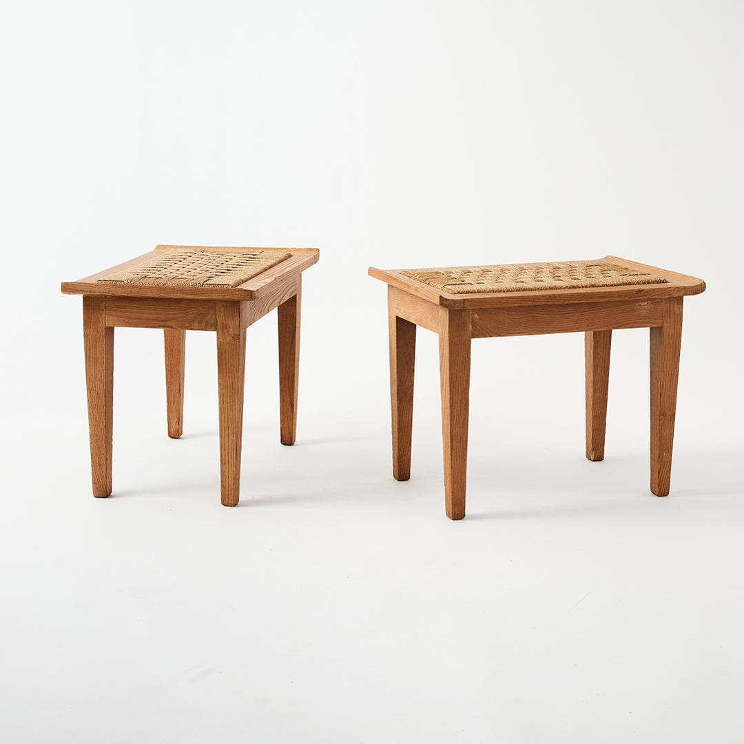 Vintage Pair of Cerused Oak Stools with Rope Seats