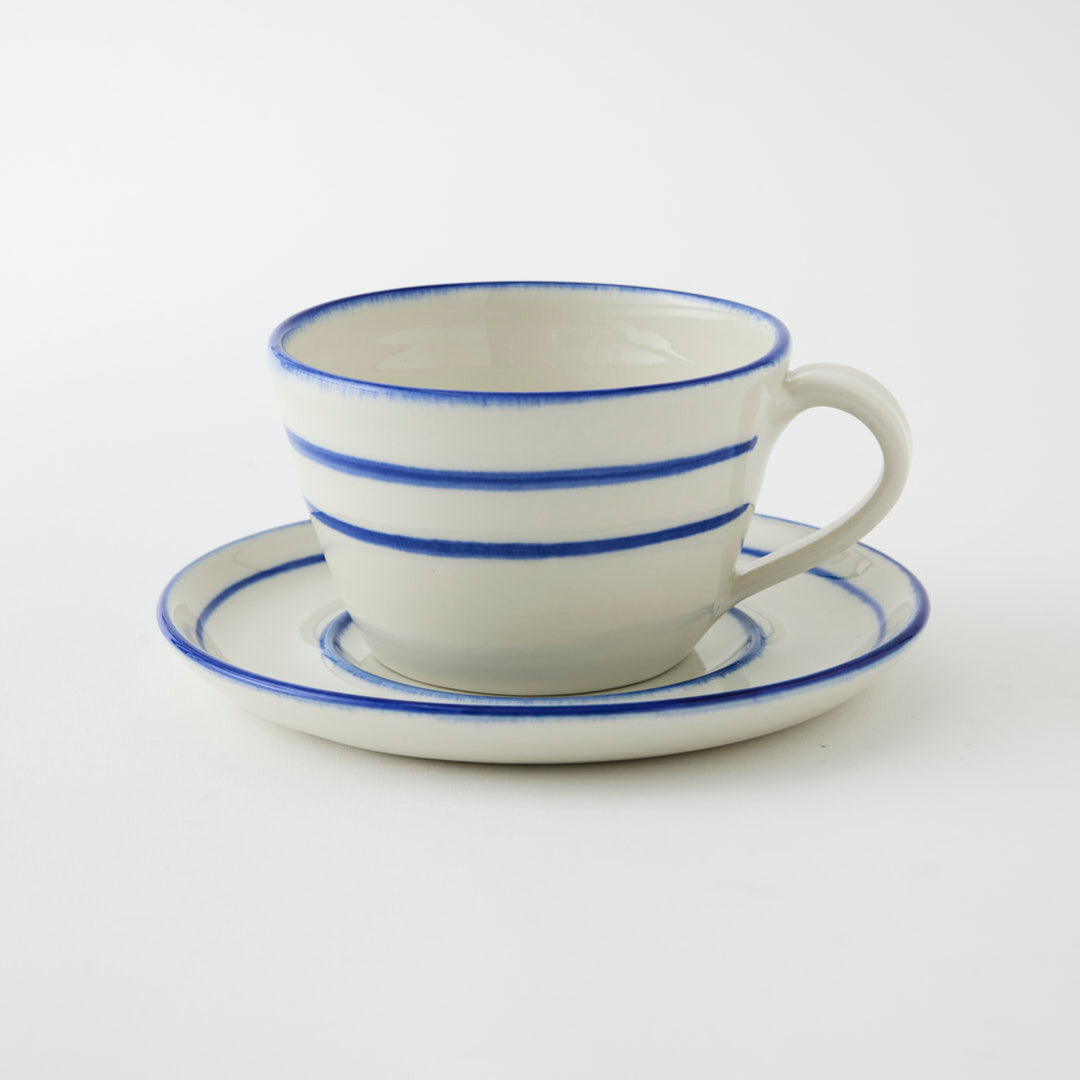 Handmade Cup and Saucer with Blue Stripe
