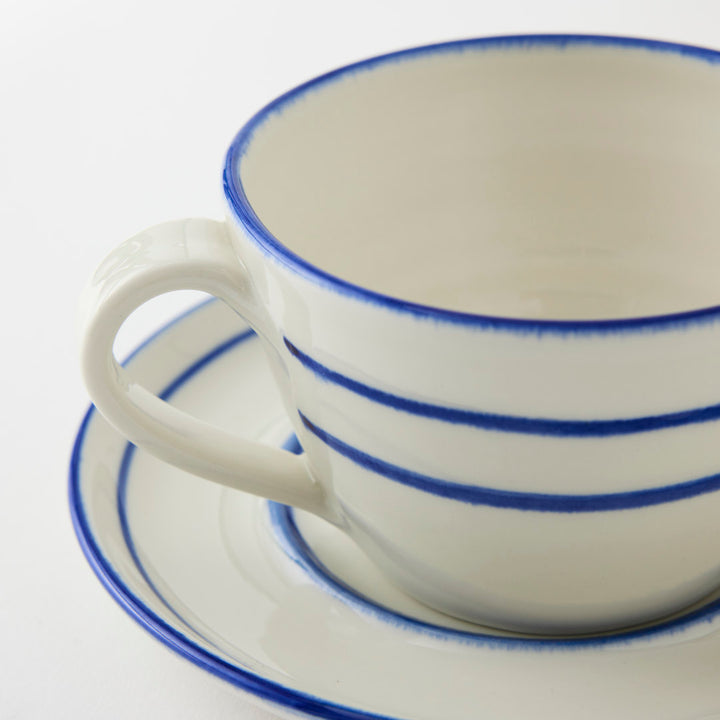 Handmade Cup and Saucer with Blue Stripe