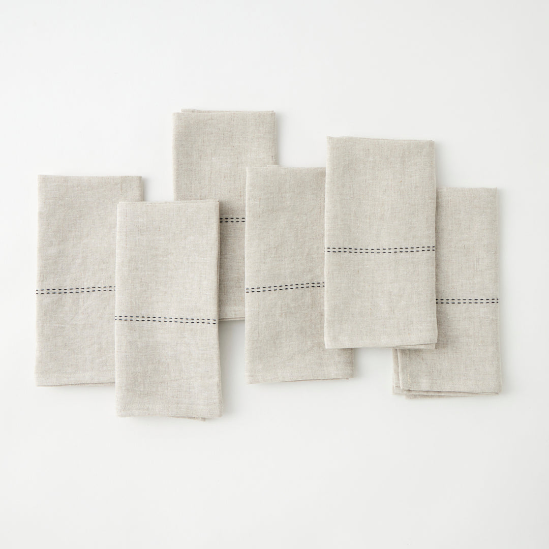 Rythmo Linen Napkins, Black Stitching, Set of 6