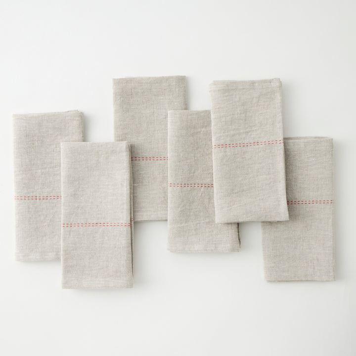 Rythmo Linen Napkins, Red Stitching, Set of 6