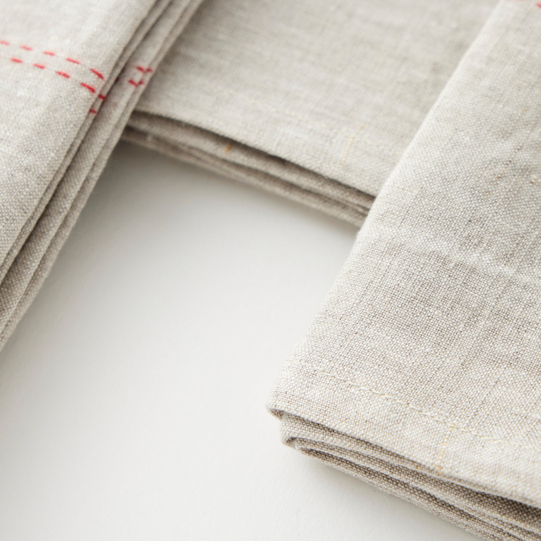 Rythmo Linen Napkins, Red Stitching, Set of 6