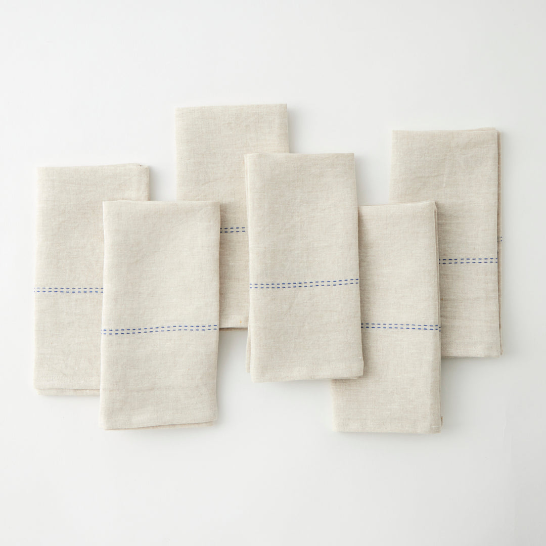 Rythmo Linen Napkins, Blue Stitching, Set of 6