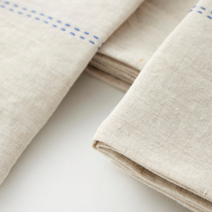 Rythmo Linen Napkins, Blue Stitching, Set of 6