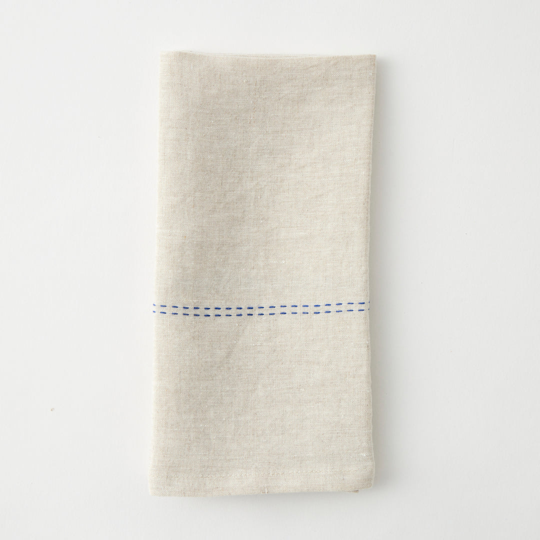 Rythmo Linen Napkins, Blue Stitching, Set of 6