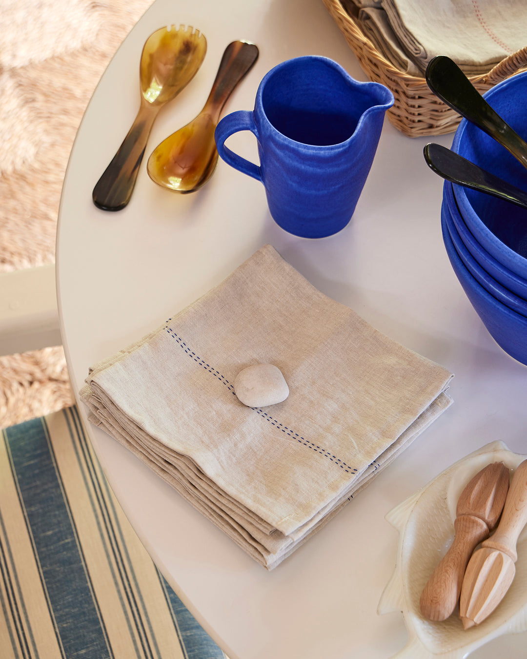 Rythmo Linen Napkins, Blue Stitching, Set of 6