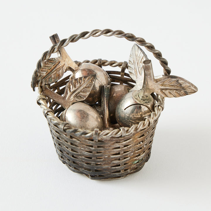 Set of Six Silverplate Apple Place Card Holders and Basket