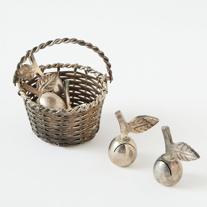 Set of Six Silverplate Apple Place Card Holders and Basket