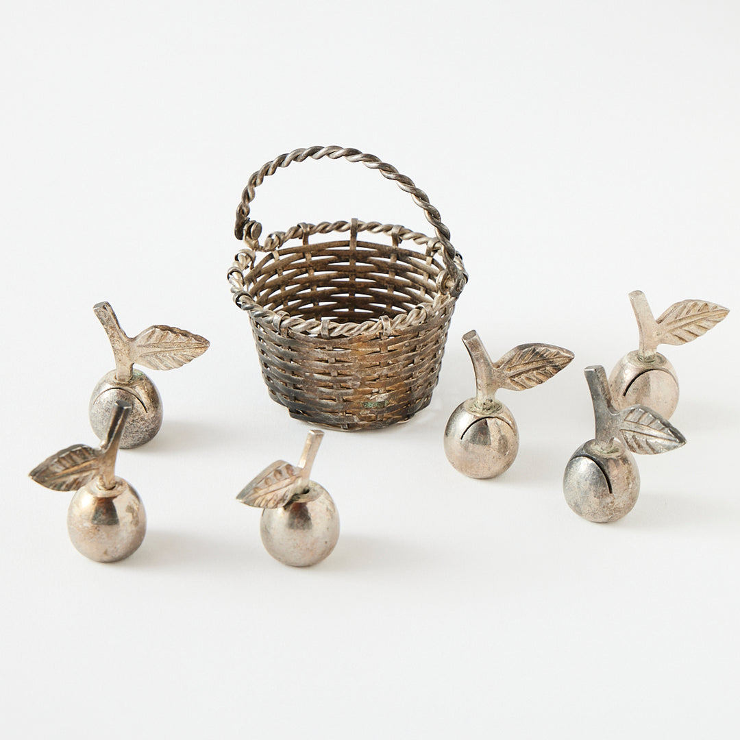 Set of Six Silverplate Apple Place Card Holders and Basket