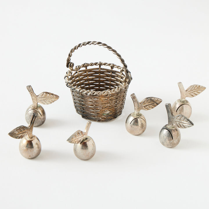 Set of Six Silverplate Apple Place Card Holders and Basket