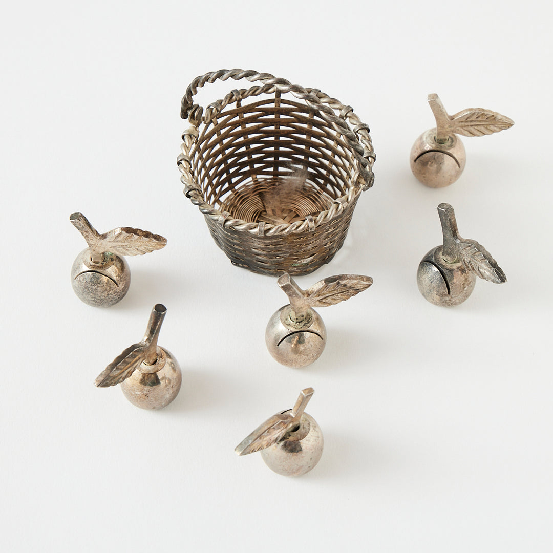 Set of Six Silverplate Apple Place Card Holders and Basket