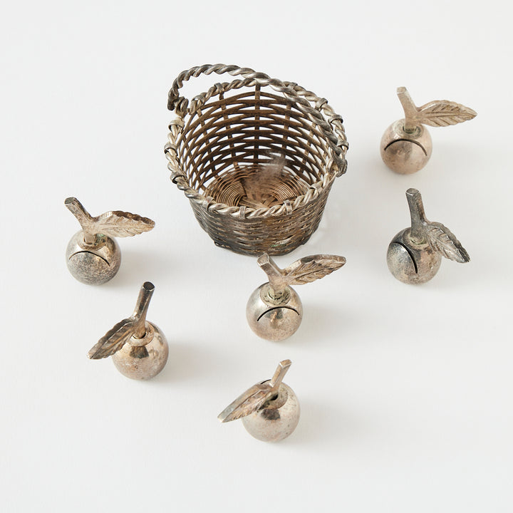 Set of Six Silverplate Apple Place Card Holders and Basket