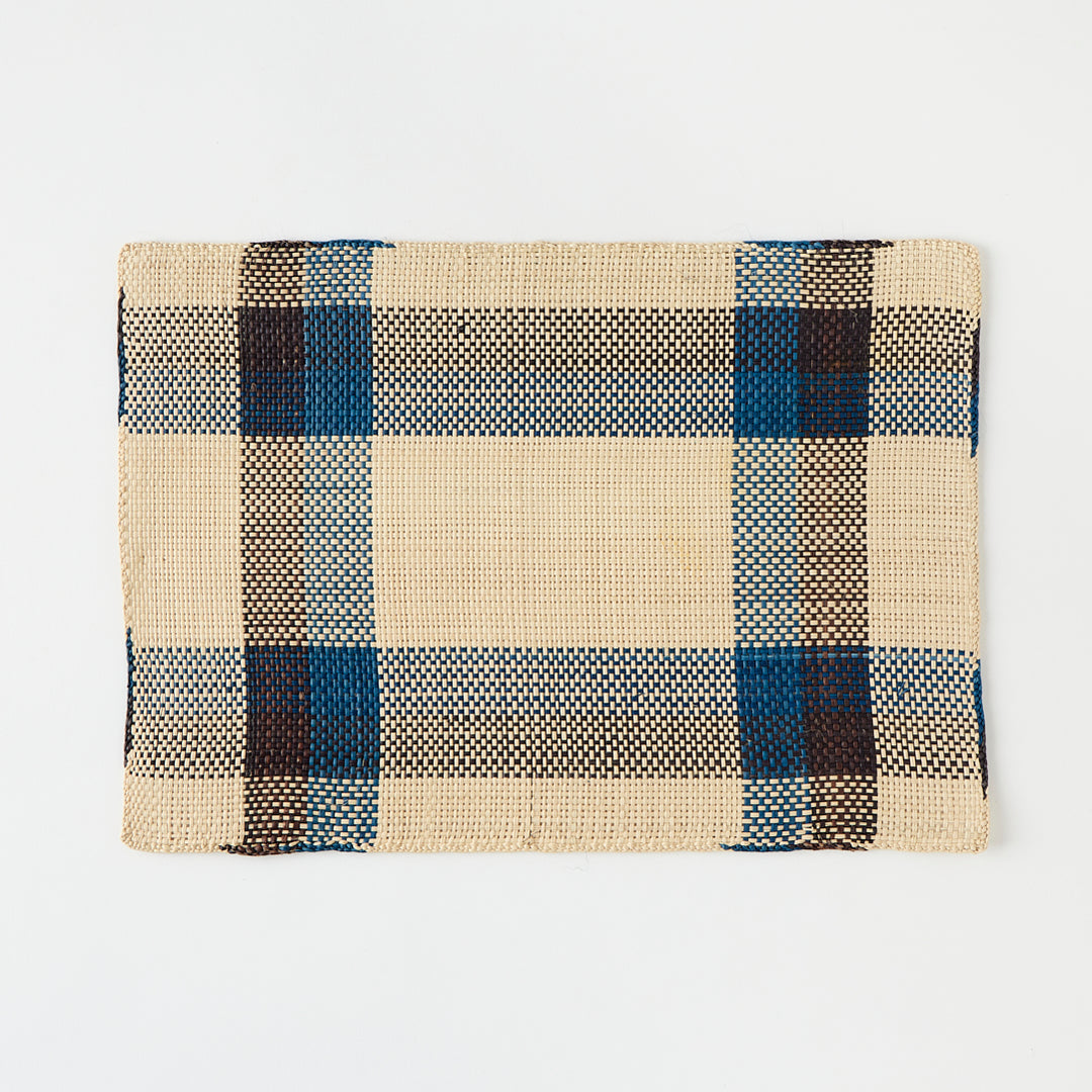 Set of 6 Straw Placemats in Blue &amp; Black Plaid