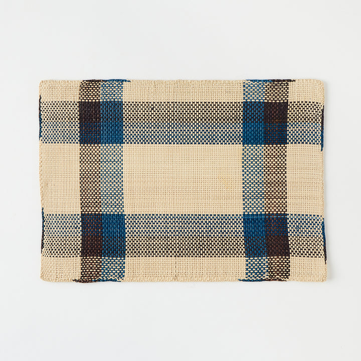 Set of 6 Straw Placemats in Blue &amp; Black Plaid