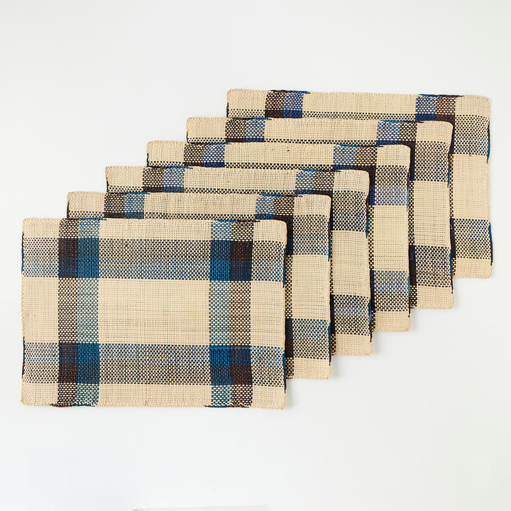 Set of 6 Straw Placemats in Blue &amp; Black Plaid