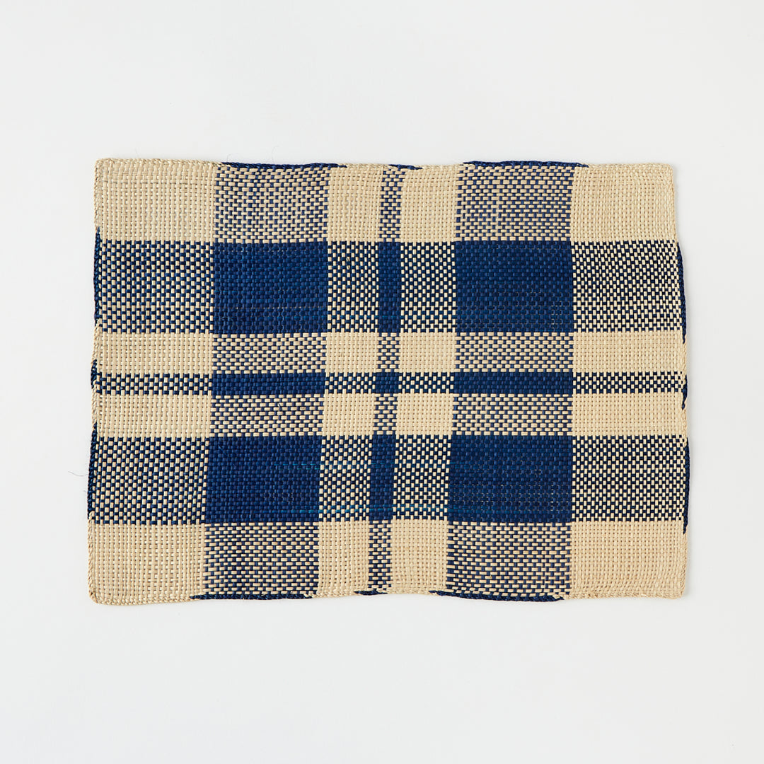 Set of 6 Straw Placemats in Indigo Plaid