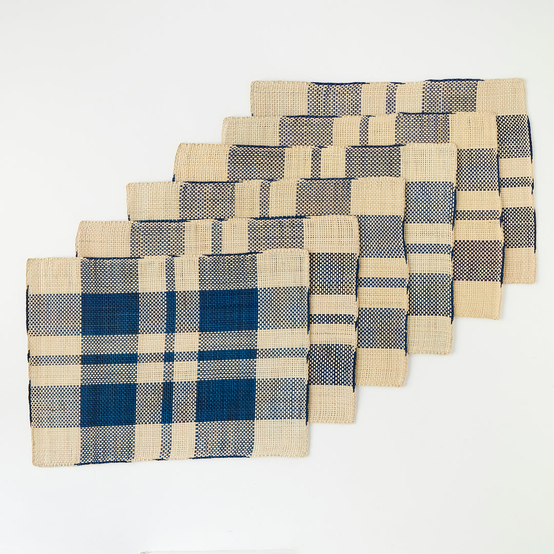 Set of 6 Straw Placemats in Indigo Plaid
