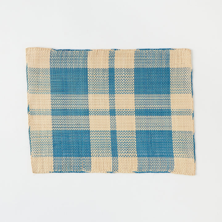 Set of 6 Straw Placemats in Light Blue Plaid