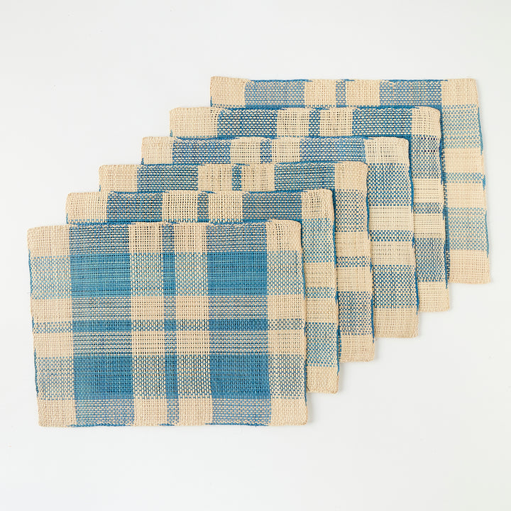 Set of 6 Straw Placemats in Light Blue Plaid