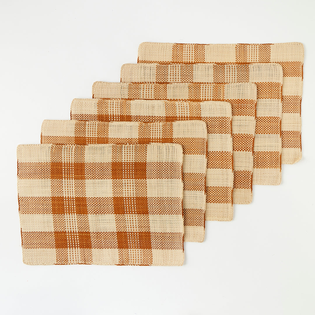 Set of 6 Straw Placemats in Ochre Plaid