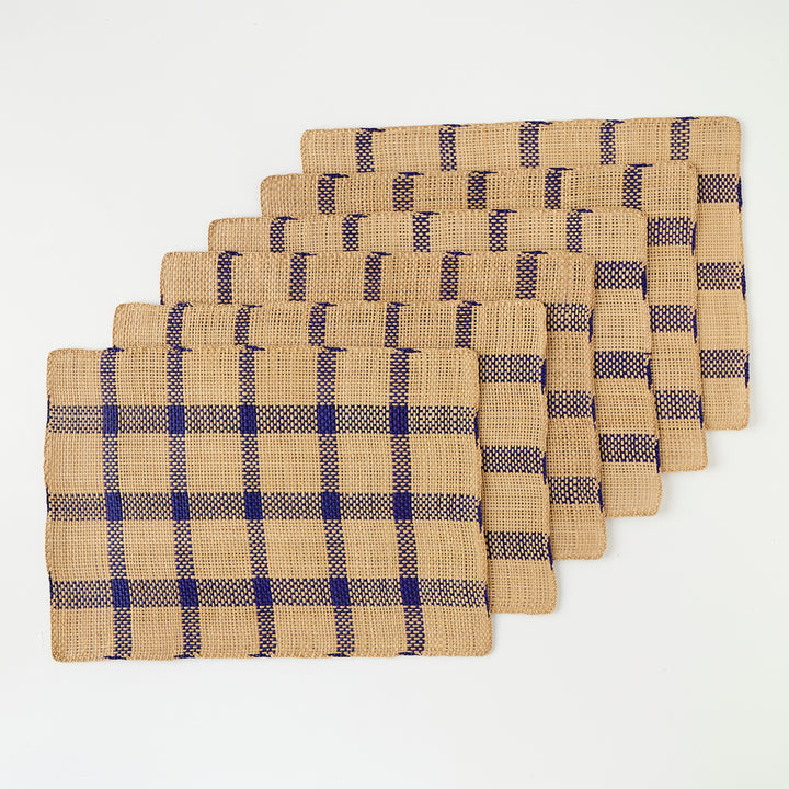 Set of 6 Straw Placemats in Blue Check
