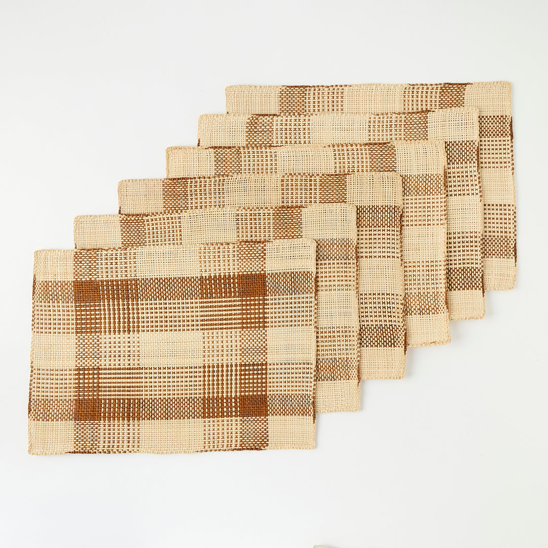 Set of 6 Straw Placemats in Brown Plaid
