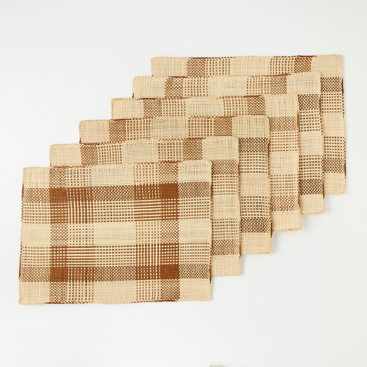 Set of 6 Straw Placemats in Brown Plaid