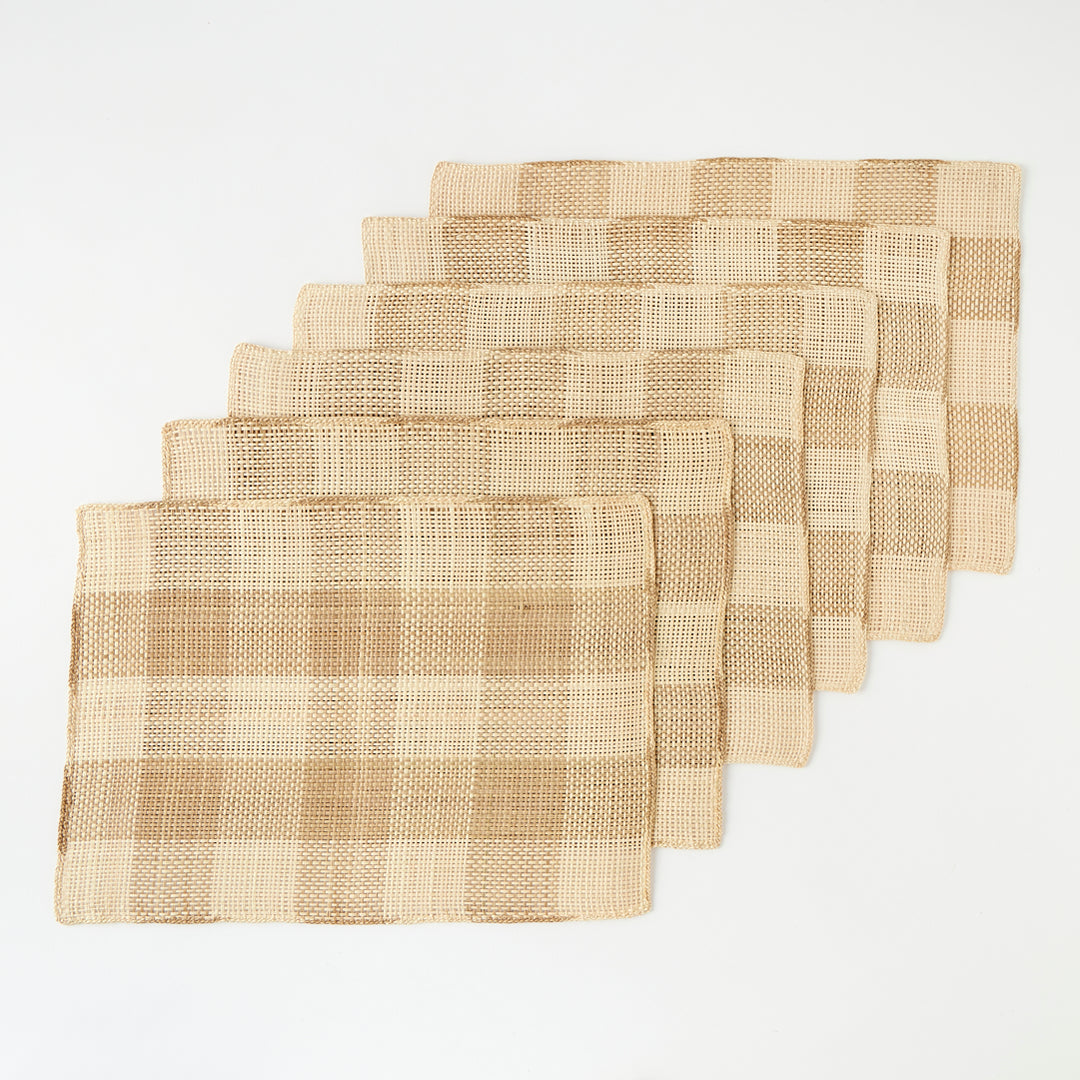 Set of 6 Straw Placemats in Natural Check