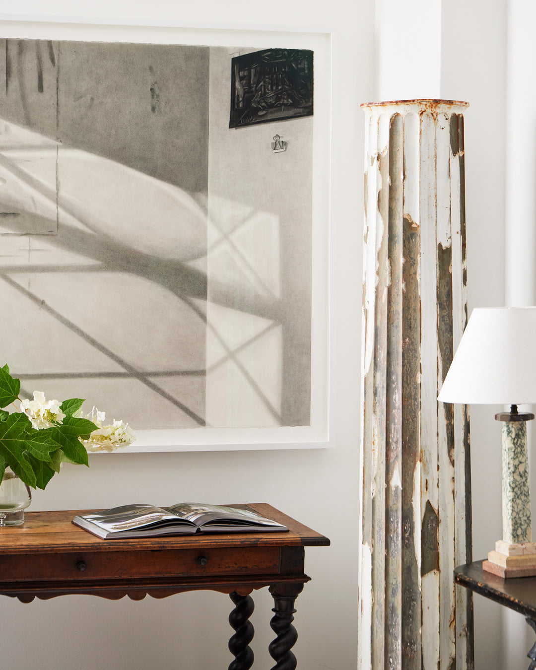 Antique Marble Lamp with Linen Shade